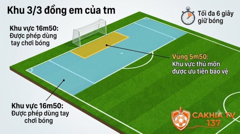 Bản đồ trực quan khu vực 16m50 và 5m50 quy định không gian được phép dùng tay trong luật thủ môn bóng đá 11 người.