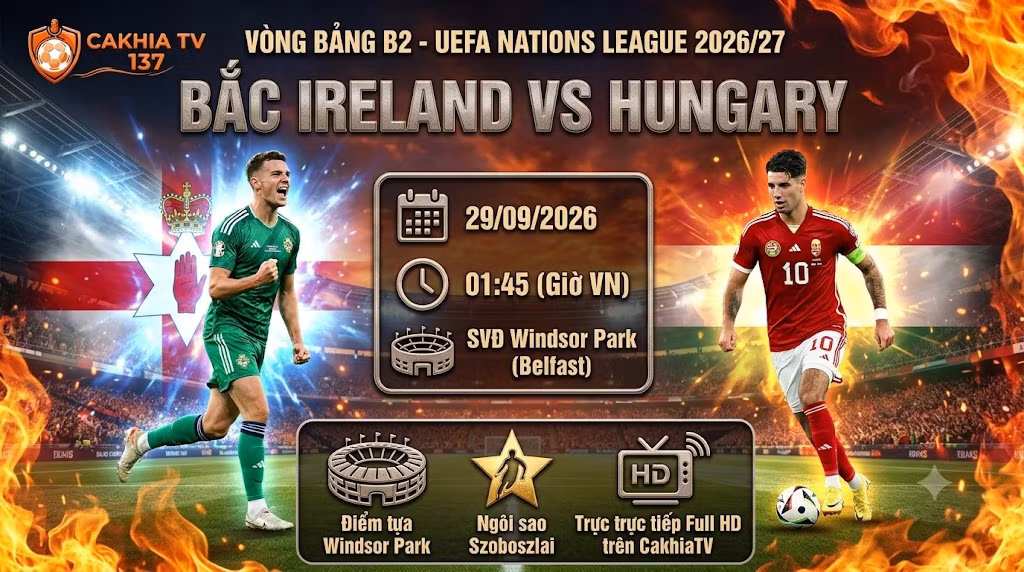 Ảnh bìa nhận định trận đấu Bắc Ireland vs Hungary tại vòng bảng UEFA Nations League 2026/27 lúc 01h45 ngày 29/9.