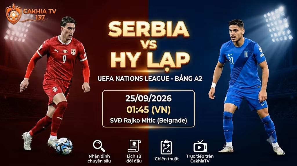 Nhận định Serbia vs Hy Lạp (01h45 ngày 25/09/2026): Vlahovic gánh vác hàng công