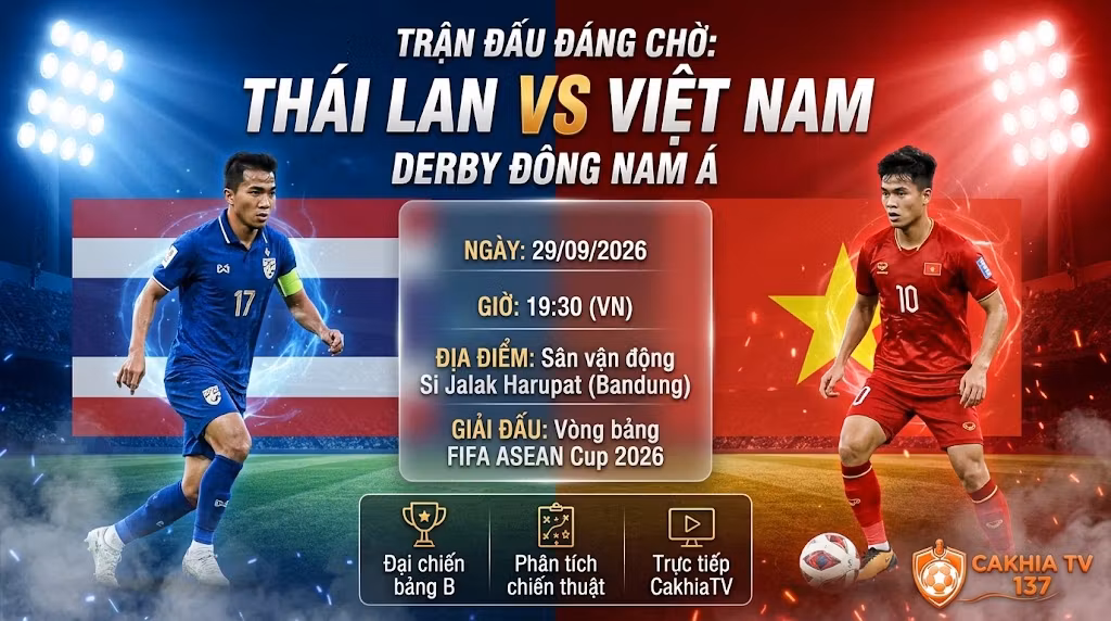 Ảnh bìa nhận định trận đại chiến Thái Lan vs Việt Nam lúc 19h30 ngày 29/9 tại bảng B FIFA ASEAN Cup 2026 trên CakhiaTV.